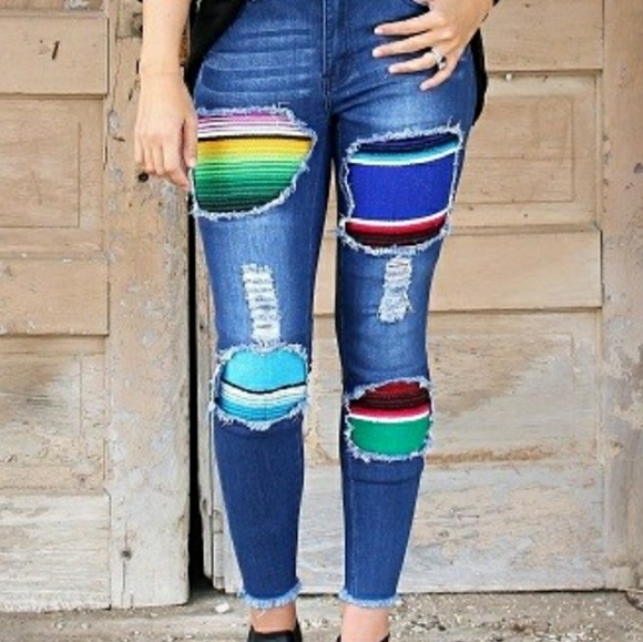 serape patch jeans